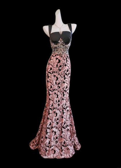 Robe de bal longue sans manches, col carré, dentelle rose florale, style sirène, à encolure carrée, idéale pour les fêtes de fin d'année scolaire (AS009)