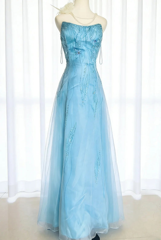 Robe de bal unique sans bretelles en tulle bleu style années 90 avec corsage perlé pour femme, robe de bal longue, robe d'anniversaire pour les 20 ans AS009