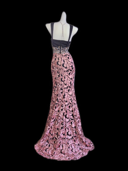 Robe de bal longue sans manches, col carré, dentelle rose florale, style sirène, à encolure carrée, idéale pour les fêtes de fin d'année scolaire (AS009)