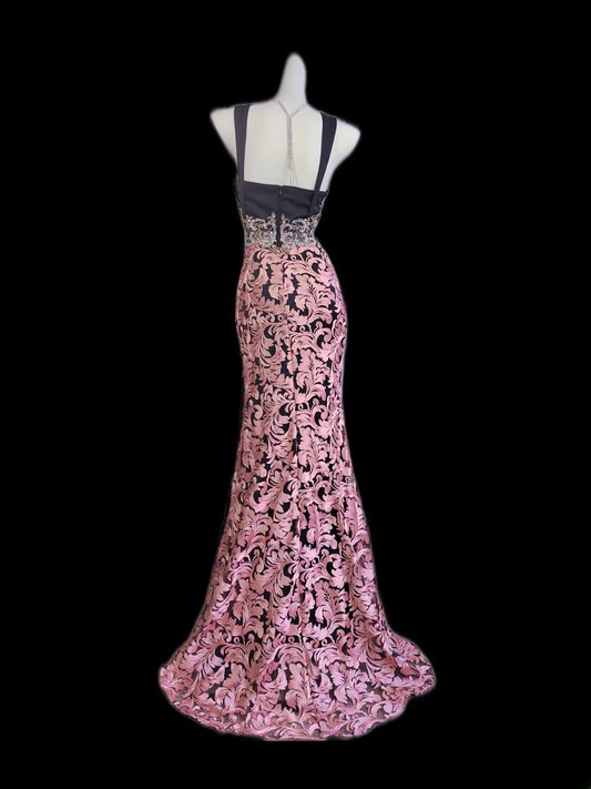 Modest Mermaid Square Neck Floral Pink Lace Sleeveless Long Prom Dresses High School Senior Graduation Dance Party Outfits AS009