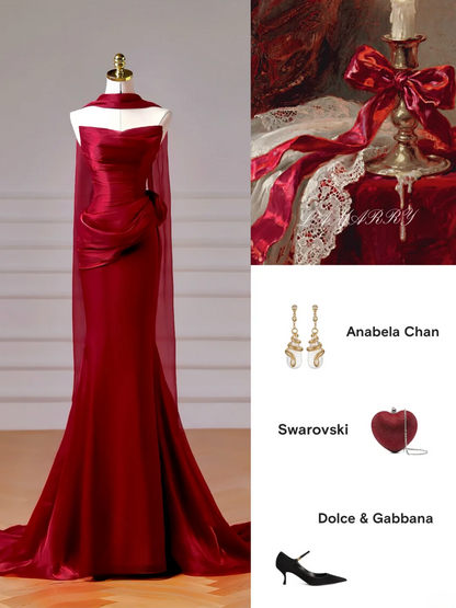 Elegantes, burgunderrotes Meerjungfrauen-Abendkleid mit Schal und Faltenrock – ein beeindruckendes, langes Abendkleid für Teenager und Schülerinnen (AQ009).