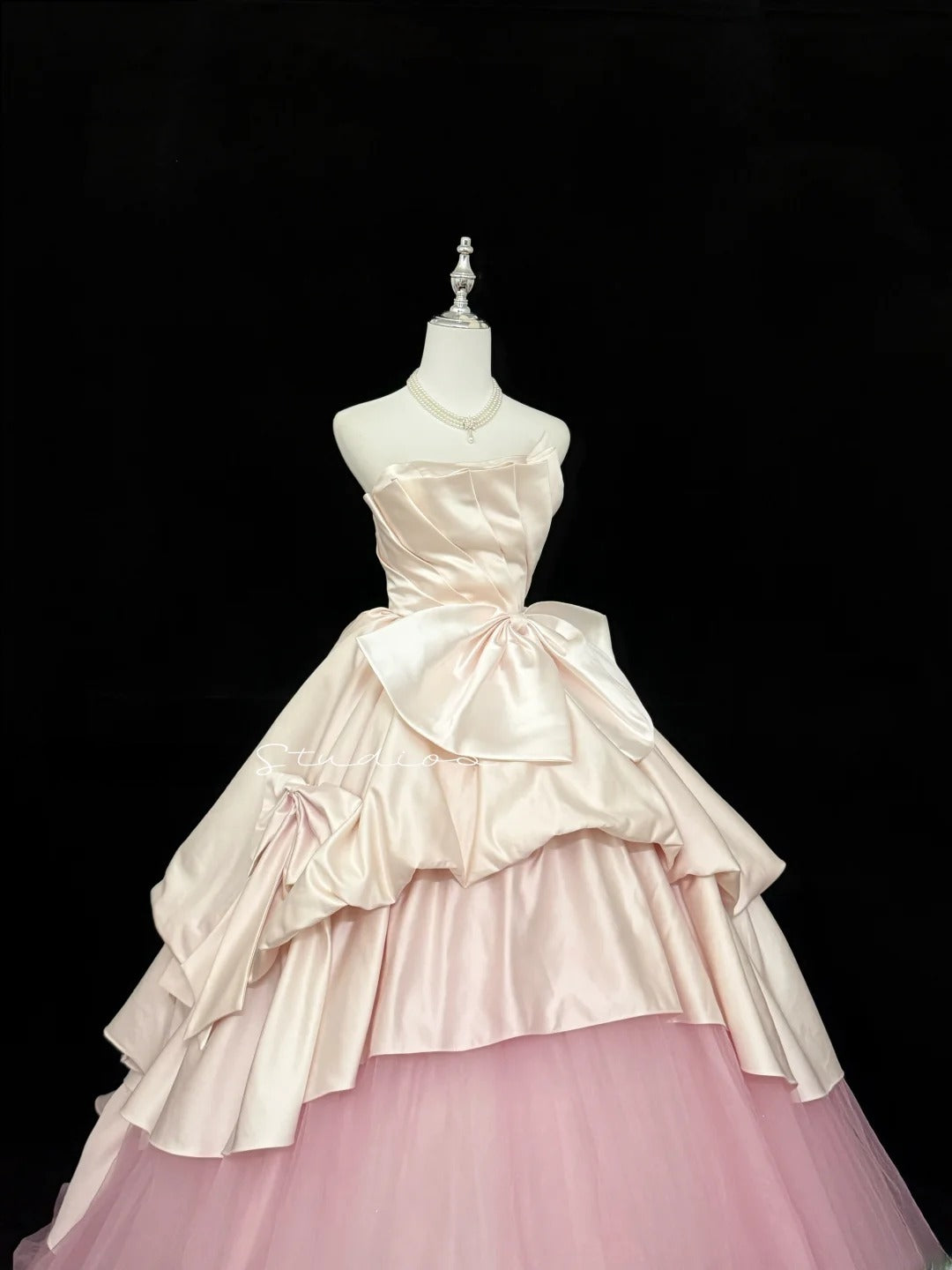 Sweety Prom Dresses Ball Gown Pink Strapless Sleeveless With Bow-knot Tulle Evening Long Formal Dress RB7383