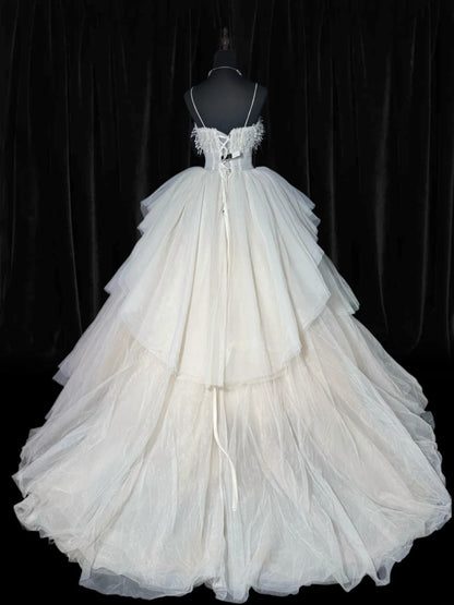 Ethereal Wedding Gowns Brides Dresses Ball Gown Spaghetti Strap for Bride Tulle White Petite/Plus Size Bridal Gown With Feathers For Women AS009