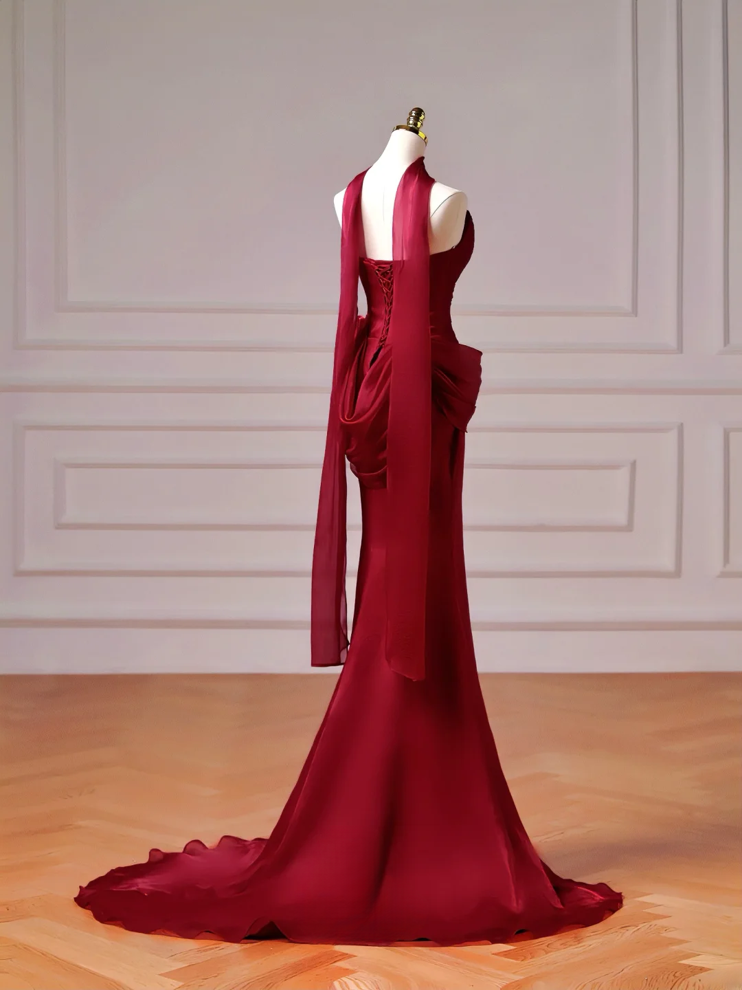 Elegantes, burgunderrotes Meerjungfrauen-Abendkleid mit Schal und Faltenrock – ein beeindruckendes, langes Abendkleid für Teenager und Schülerinnen (AQ009).