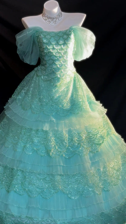 Princess Ball Gown Off The Shoulder Green Layered Tiered With Sleeves Sweet 16 Dresses Quinceanera Dress RB3351