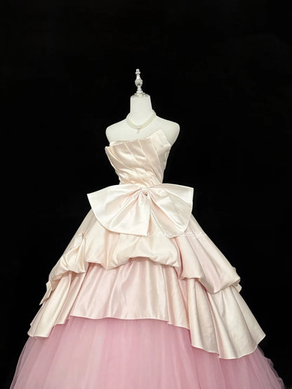 Sweety Prom Dresses Ball Gown Pink Strapless Sleeveless With Bow-knot Tulle Evening Long Formal Dress RB7383