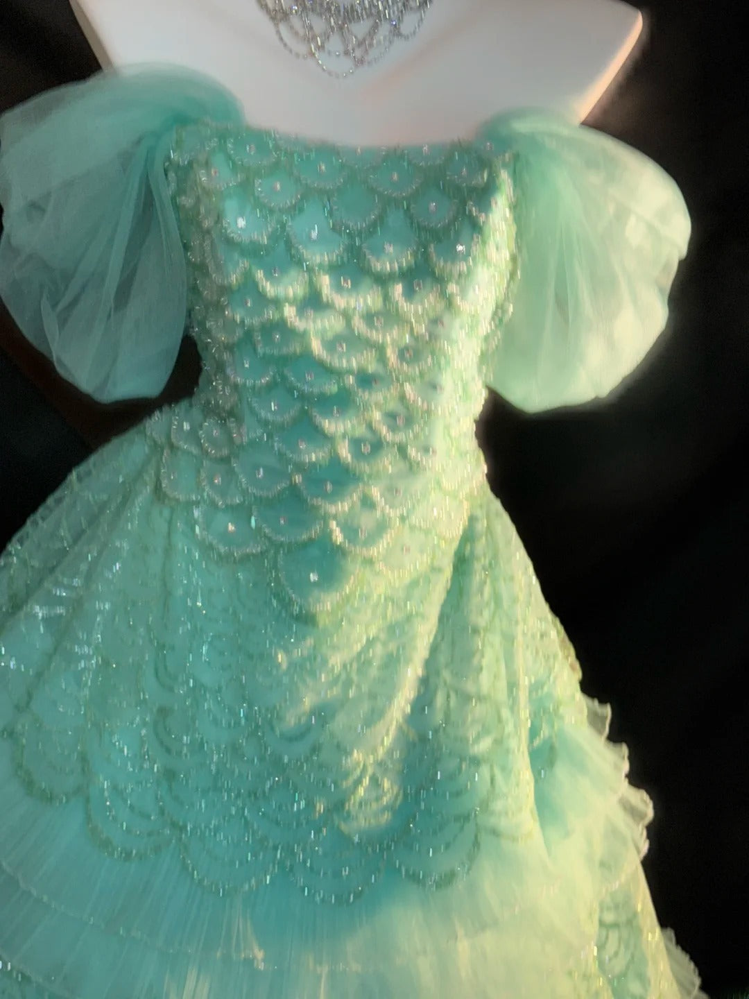 Princess Ball Gown Off The Shoulder Green Layered Tiered With Sleeves Sweet 16 Dresses Quinceanera Dress RB3351