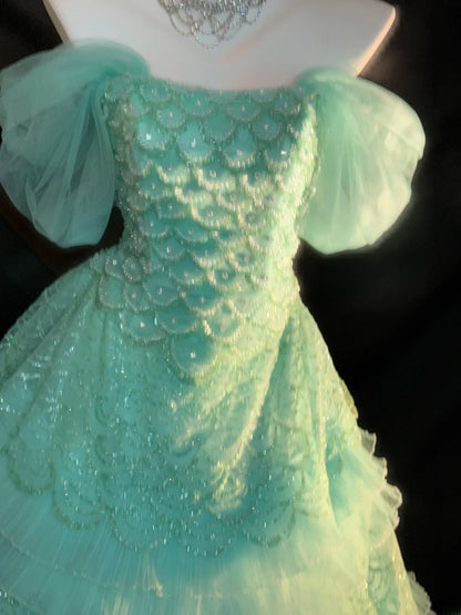 Princess Ball Gown Off The Shoulder Green Layered Tiered With Sleeves Sweet 16 Dresses Quinceanera Dress RB3351