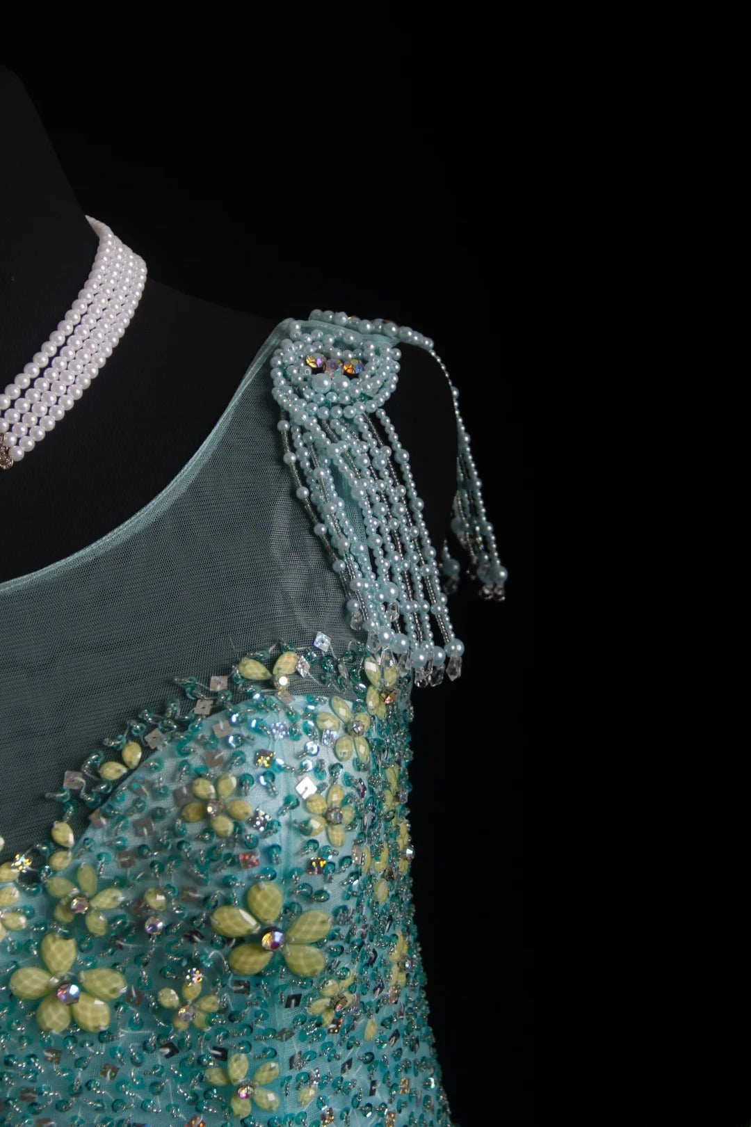 Vintage-Abendkleider im 90er-Jahre-Stil, formell, Meerjungfrauen-Stil, Rundhalsausschnitt, blauer Tüll, lange Partykleider, AS010