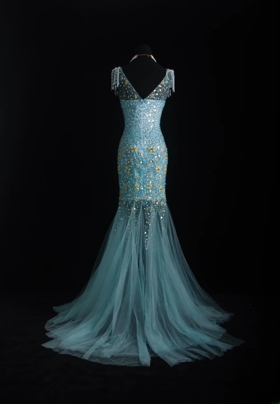 Vintage-Abendkleider im 90er-Jahre-Stil, formell, Meerjungfrauen-Stil, Rundhalsausschnitt, blauer Tüll, lange Partykleider, AS010