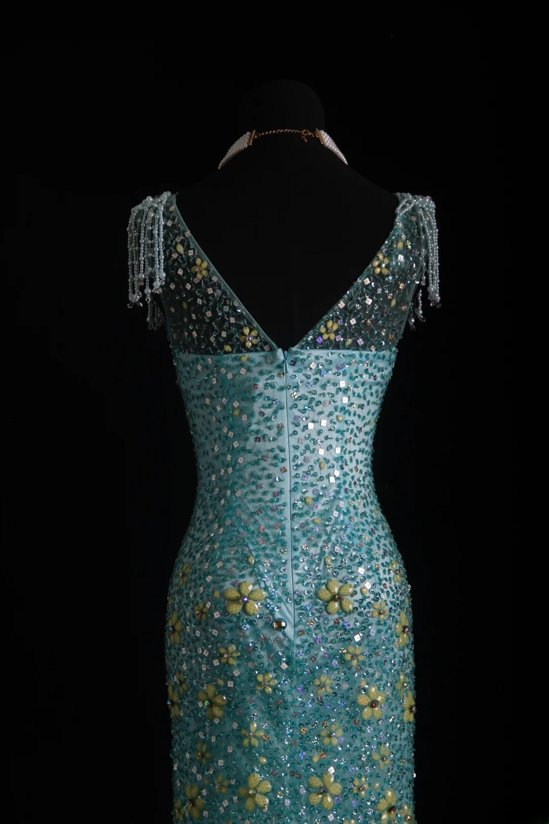 Vintage-Abendkleider im 90er-Jahre-Stil, formell, Meerjungfrauen-Stil, Rundhalsausschnitt, blauer Tüll, lange Partykleider, AS010