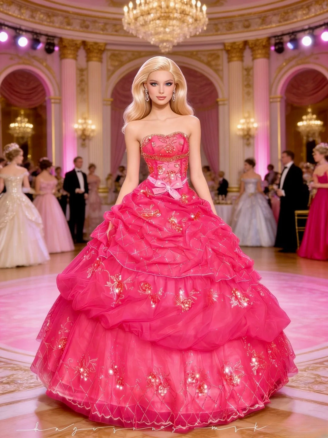 Princess Ball Gown Strapless Hot Pink With Layered Tiered Beaded Sweet 16 Dresses Quinceanera Dress RB3352