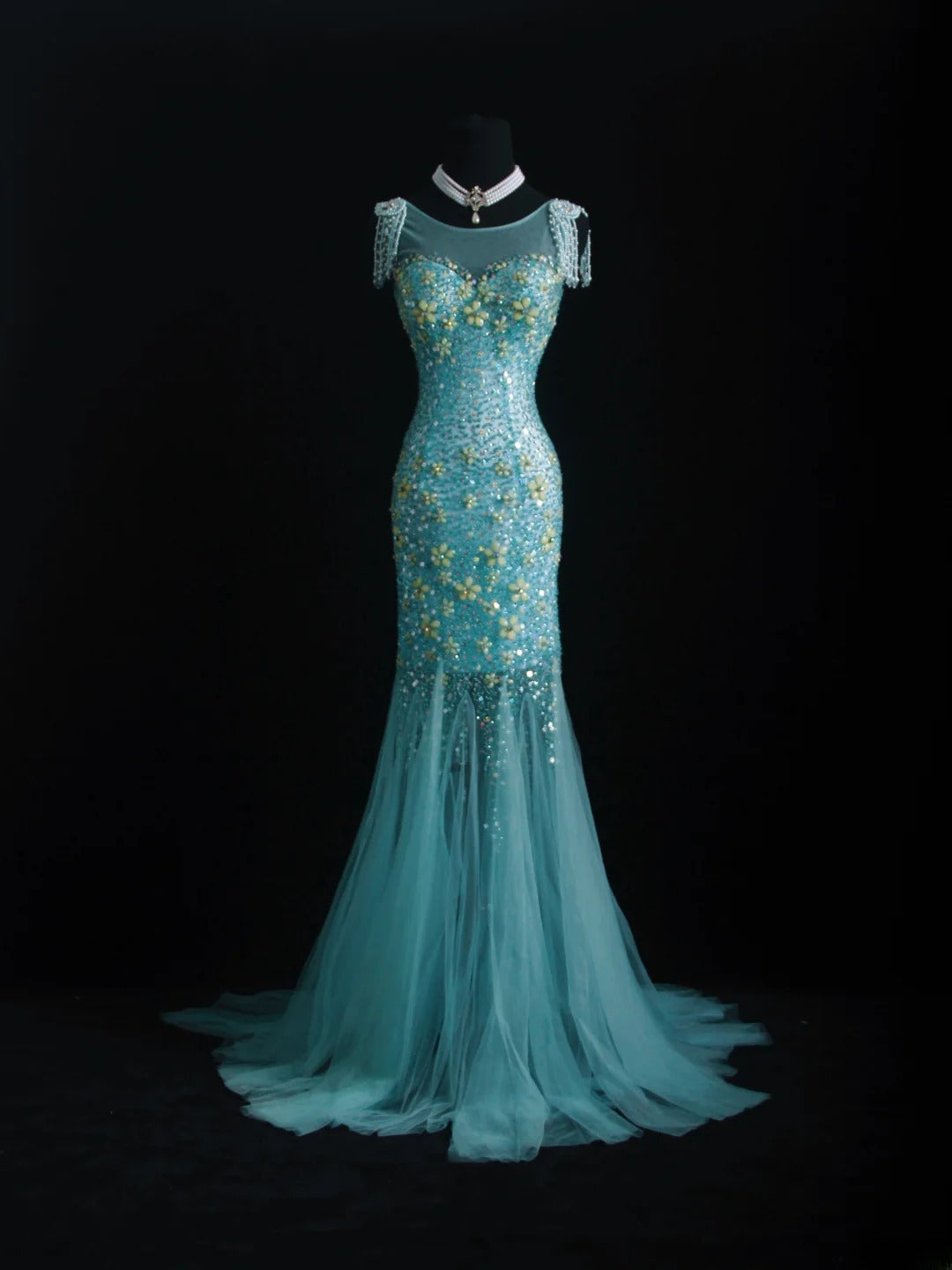 Vintage-Abendkleider im 90er-Jahre-Stil, formell, Meerjungfrauen-Stil, Rundhalsausschnitt, blauer Tüll, lange Partykleider, AS010
