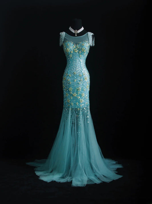 Vintage Prom Dresses 90s Formal Mermaid Scoop Neck Blue Tulle Long Party Gowns Prom Dresses AS010