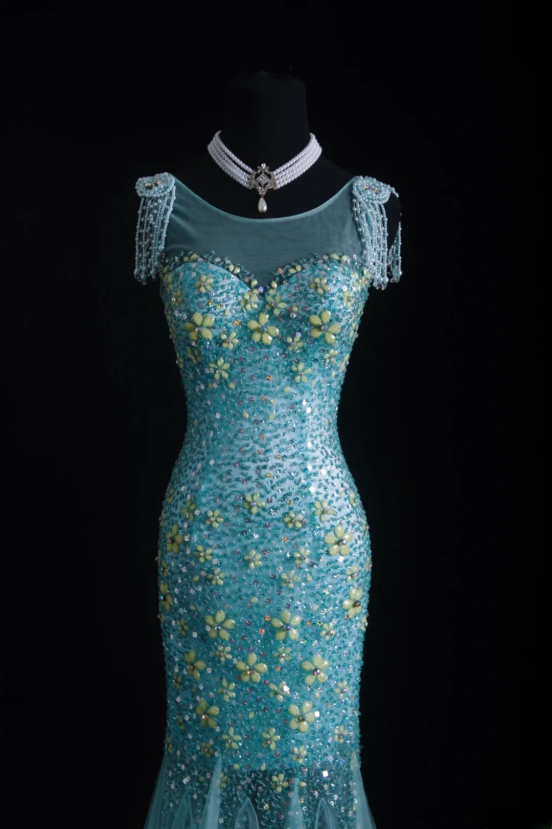 Vintage-Abendkleider im 90er-Jahre-Stil, formell, Meerjungfrauen-Stil, Rundhalsausschnitt, blauer Tüll, lange Partykleider, AS010