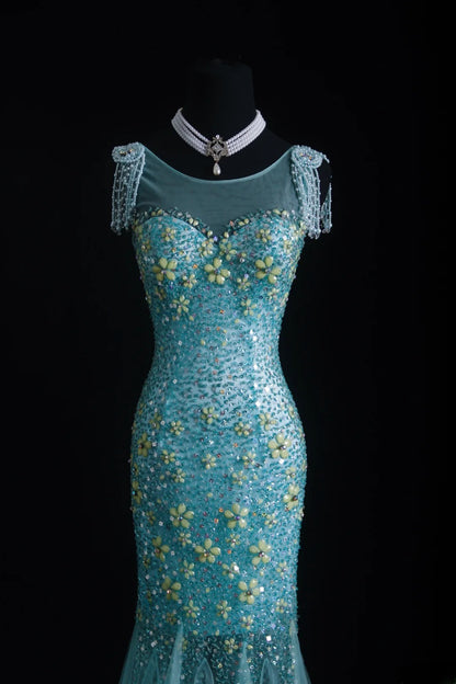 Vintage-Abendkleider im 90er-Jahre-Stil, formell, Meerjungfrauen-Stil, Rundhalsausschnitt, blauer Tüll, lange Partykleider, AS010