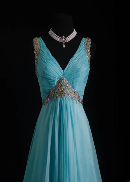 Vintage Prom Dresses 90s Formal A line V Neck Blue Chiffon Long Party Gowns Prom Dresses AS011