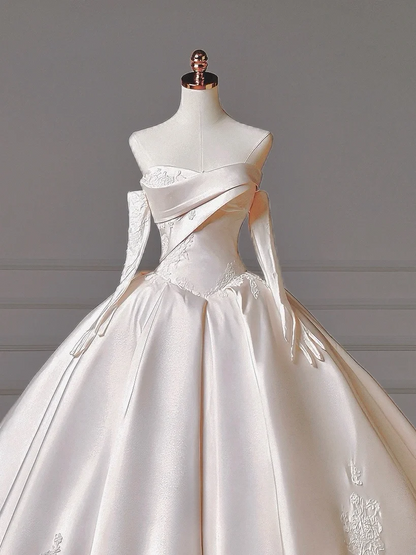 Langes Prinzessinnen-Brautkleid, Ballkleid mit Herzausschnitt, plissiertem Tüll und abnehmbaren Ärmeln, weißes Brautkleid AQ011