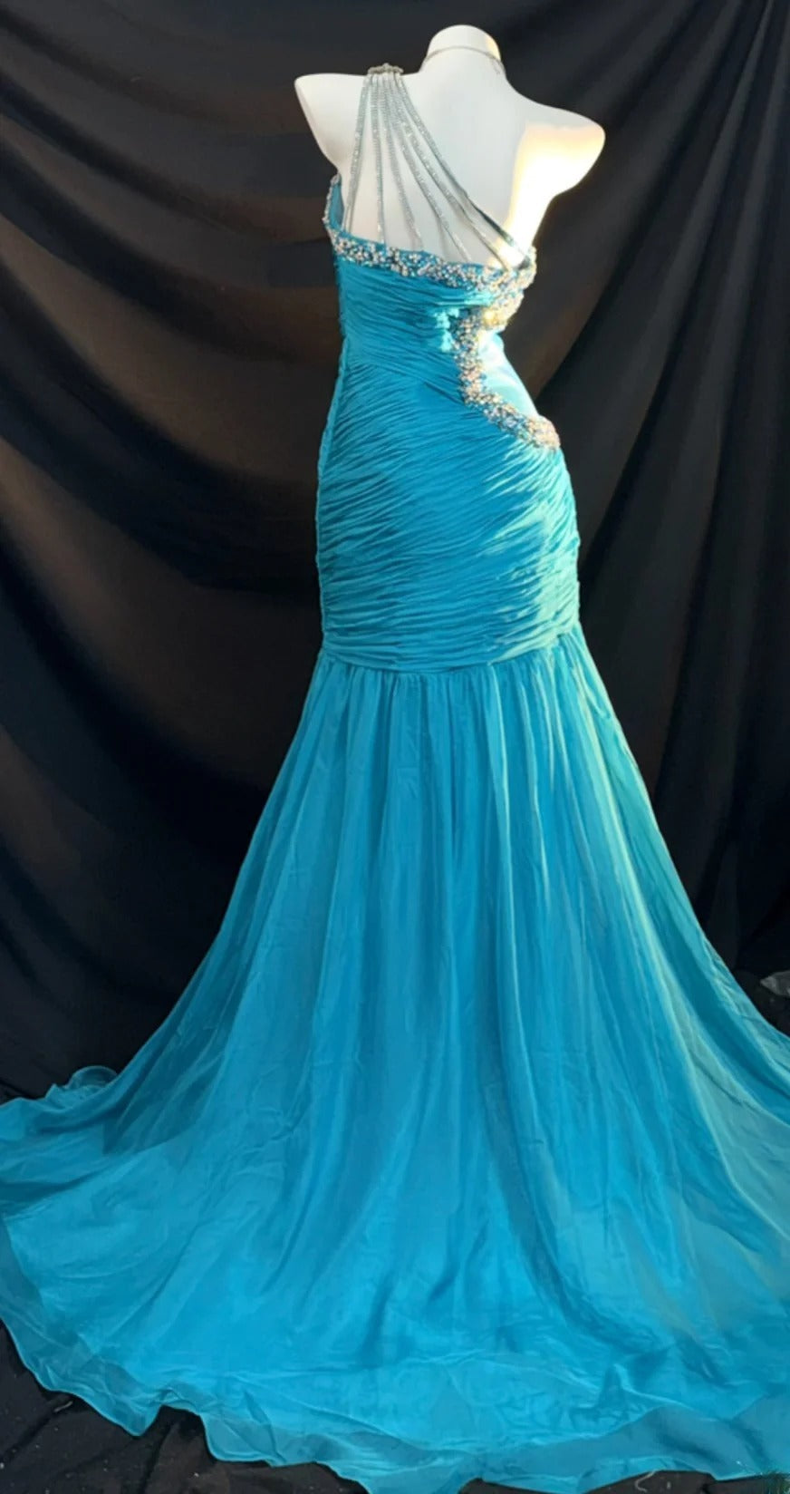 Bescheidene Meerjungfrauen-Abschlussballkleider, One Shoulder, blau, mit Perlenstickerei, lange Abendmode RB3353
