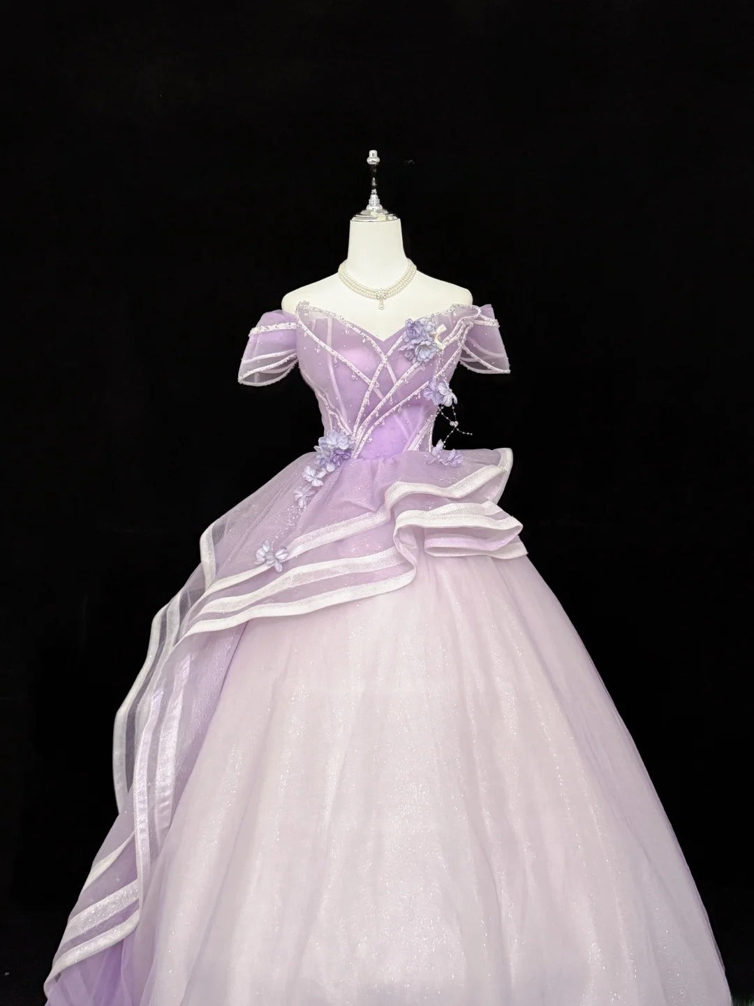 Sweety Prom Dresses Ball Gown Lilac Off The Shoulder With Flowers Tulle Evening Long Formal Dress RB7385