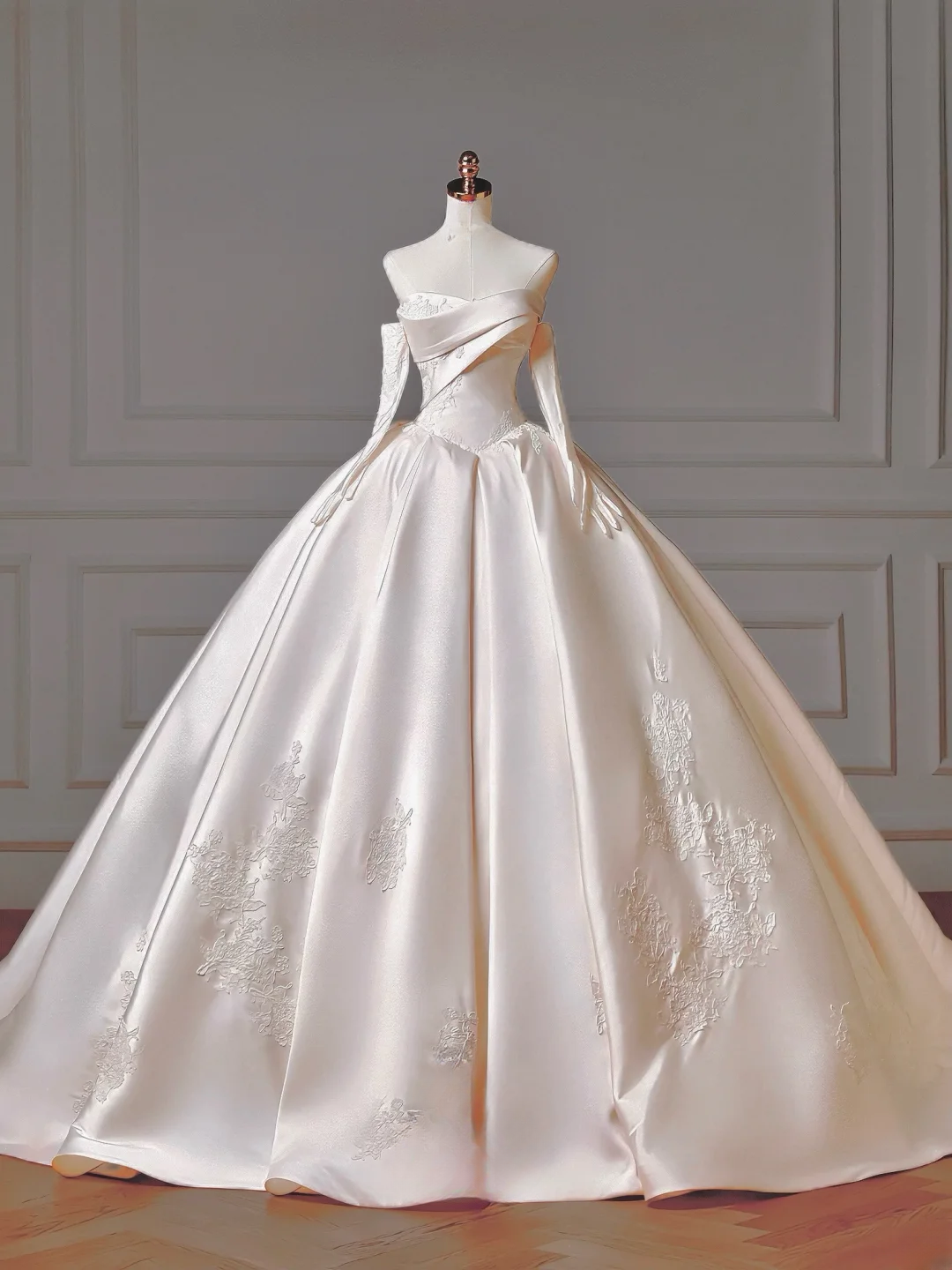 Langes Prinzessinnen-Brautkleid, Ballkleid mit Herzausschnitt, plissiertem Tüll und abnehmbaren Ärmeln, weißes Brautkleid AQ011