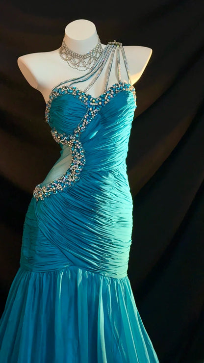 Bescheidene Meerjungfrauen-Abschlussballkleider, One Shoulder, blau, mit Perlenstickerei, lange Abendmode RB3353
