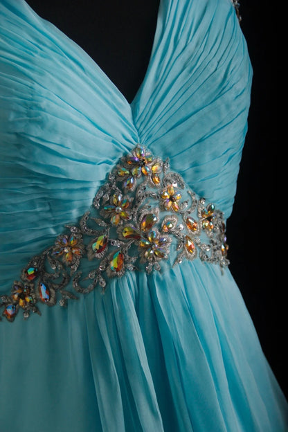 Vintage Prom Dresses 90s Formal A line V Neck Blue Chiffon Long Party Gowns Prom Dresses AS011