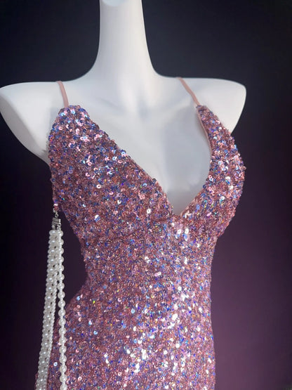 Robe fourreau vintage à fines bretelles et sequins roses, courte, idéale pour un bal de promo, un 16e anniversaire ou une soirée cocktail (AS011)