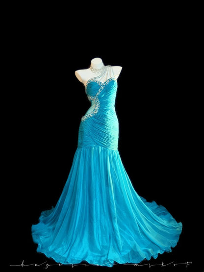 Bescheidene Meerjungfrauen-Abschlussballkleider, One Shoulder, blau, mit Perlenstickerei, lange Abendmode RB3353