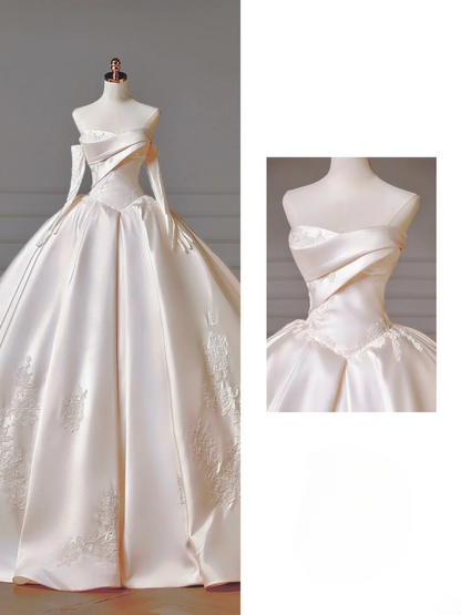 Langes Prinzessinnen-Brautkleid, Ballkleid mit Herzausschnitt, plissiertem Tüll und abnehmbaren Ärmeln, weißes Brautkleid AQ011