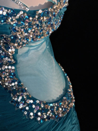Bescheidene Meerjungfrauen-Abschlussballkleider, One Shoulder, blau, mit Perlenstickerei, lange Abendmode RB3353