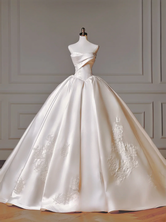 Princess Long Wedding Gowns Ball Gown Sweetheart Pleated Tulle for Bride With Removable Sleeves White Bridal Dress AQ011