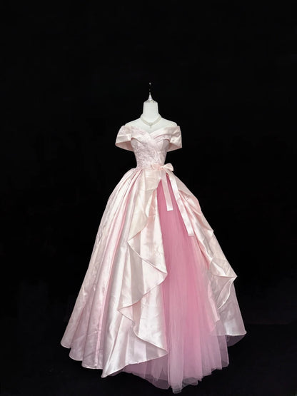 Sweety Prom Dresses Ball Gown Pink Off The Shoulder With Lace Tulle Evening Long Formal Dress RB7386