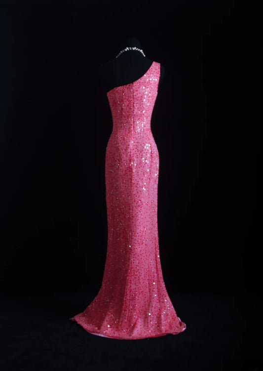 Vintage Prom Dresses 90s Formal Sheath One Shoulder Pink Sequins Long Party Gowns Prom Dresses AS012