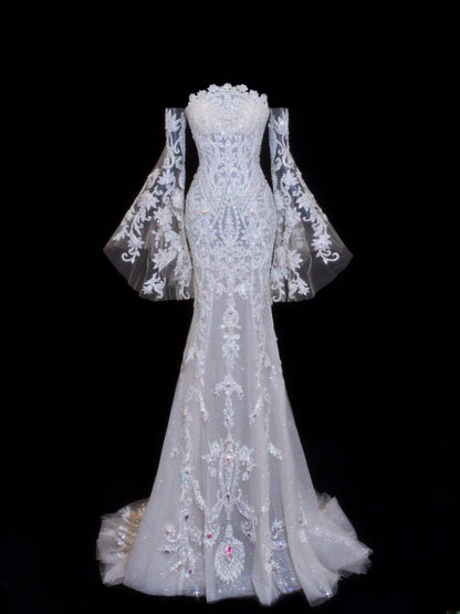 Robes de mariée élégantes et pudiques pour la mariée, style sirène, bustier, manches longues, dentelle, tailles petites et grandes, SA012