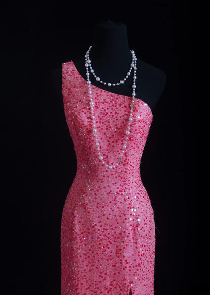 Robe de bal vintage années 90, fourreau asymétrique rose à sequins, longue robe de soirée AS012