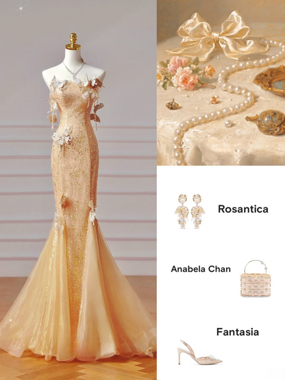 Chic Prom Dresses Aesthetic Mermaid Strapless Gold Sequins With Butterfly Inspiration Impress Long Party Formal Gown For Teenagers High Schools AQ012