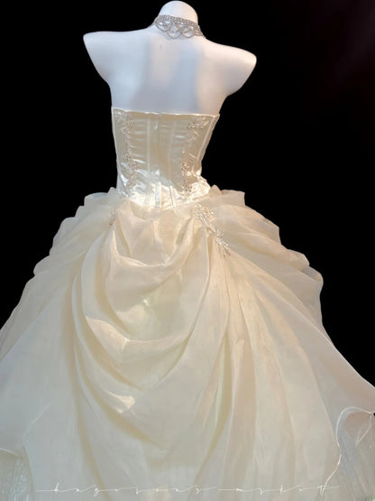 Princess Ball Gown Strapless Champagne With Layered Tiered Corset Fitted Long Sweet 16 Dresses Quinceanera Dress RB3354