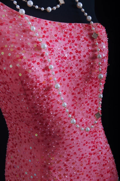 Robe de bal vintage années 90, fourreau asymétrique rose à sequins, longue robe de soirée AS012