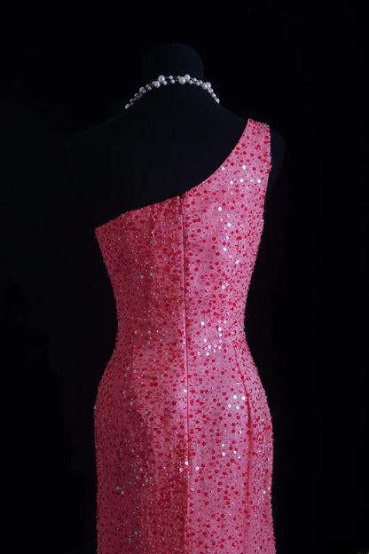 Robe de bal vintage années 90, fourreau asymétrique rose à sequins, longue robe de soirée AS012