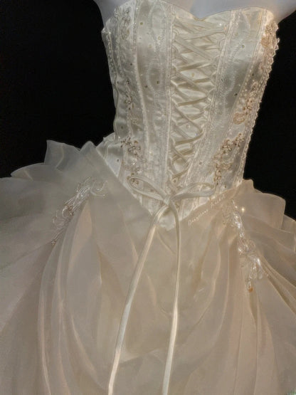 Princess Ball Gown Strapless Champagne With Layered Tiered Corset Fitted Long Sweet 16 Dresses Quinceanera Dress RB3354