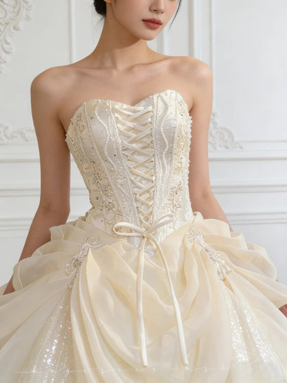 Princess Ball Gown Strapless Champagne With Layered Tiered Corset Fitted Long Sweet 16 Dresses Quinceanera Dress RB3354