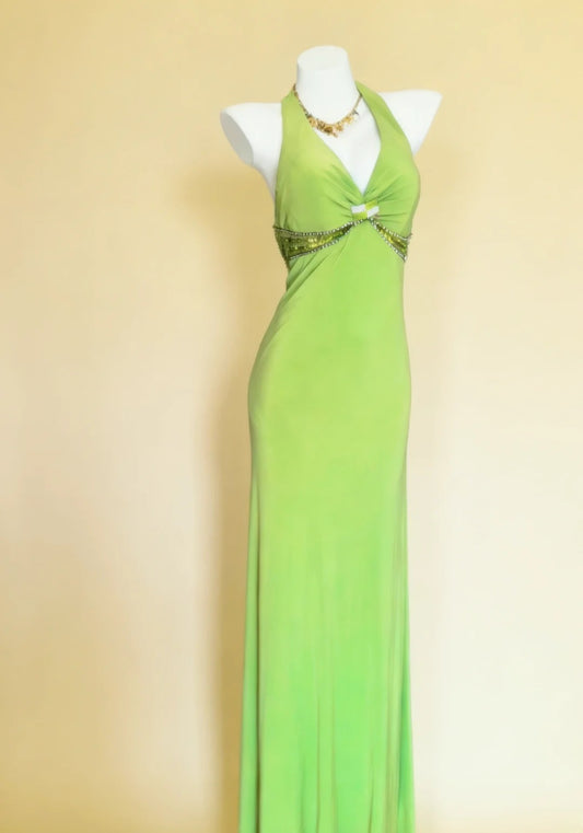 Robe de bal longue verte style années 90, col fourreau et dos nu, ornée de perles, idéale pour un 20e anniversaire ou toute autre occasion spéciale (AS013).