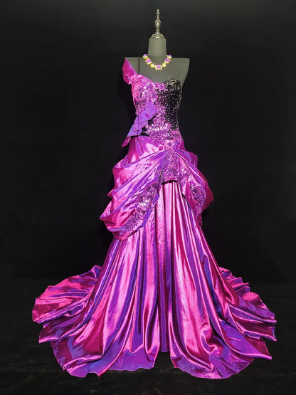 Robe de bal longue sans manches en satin rose fuchsia, coupe trapèze, asymétrique, épaule dénudée, pour fin d'études secondaires (AS013)
