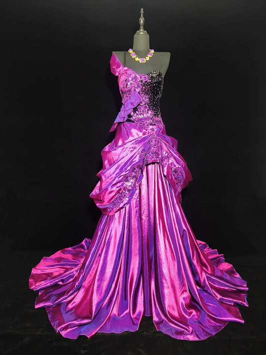 Modest A Line One Shoulder Hot Pink Satin Sleeveless Long Prom Dresses High School Senior Graduation Dance Party Outfits AS013