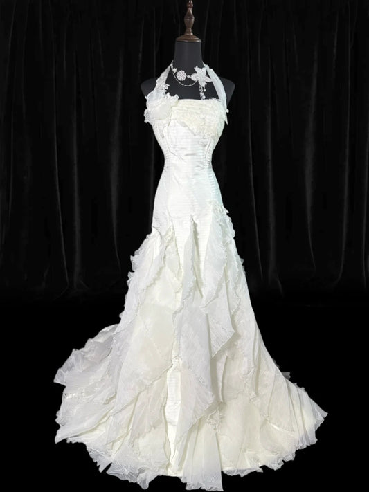 Timeless Women's Mermaid Halter Sleeveless White Satin Chiffon Tiered Pleated With Lace Long Vintage Corset Fitted 1920s Wedding Dresses AS013