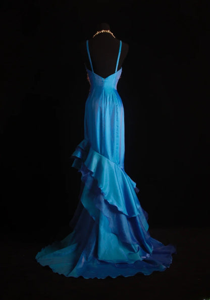 Vintage Prom Dresses 90s Formal Mermaid Spaghetti Straps Blue Chiffon Long Party Gowns Prom Dresses AS013