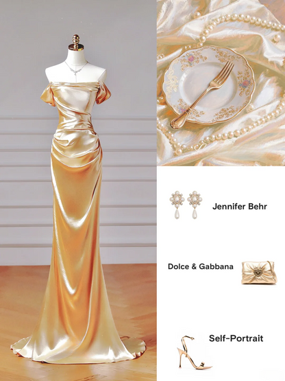 Chic Prom Dresses Aesthetic Mermaid Off The Shoulder Gold With Pleated Inspiration Impress Long Party Formal Gown For Teenagers High Schools AQ013