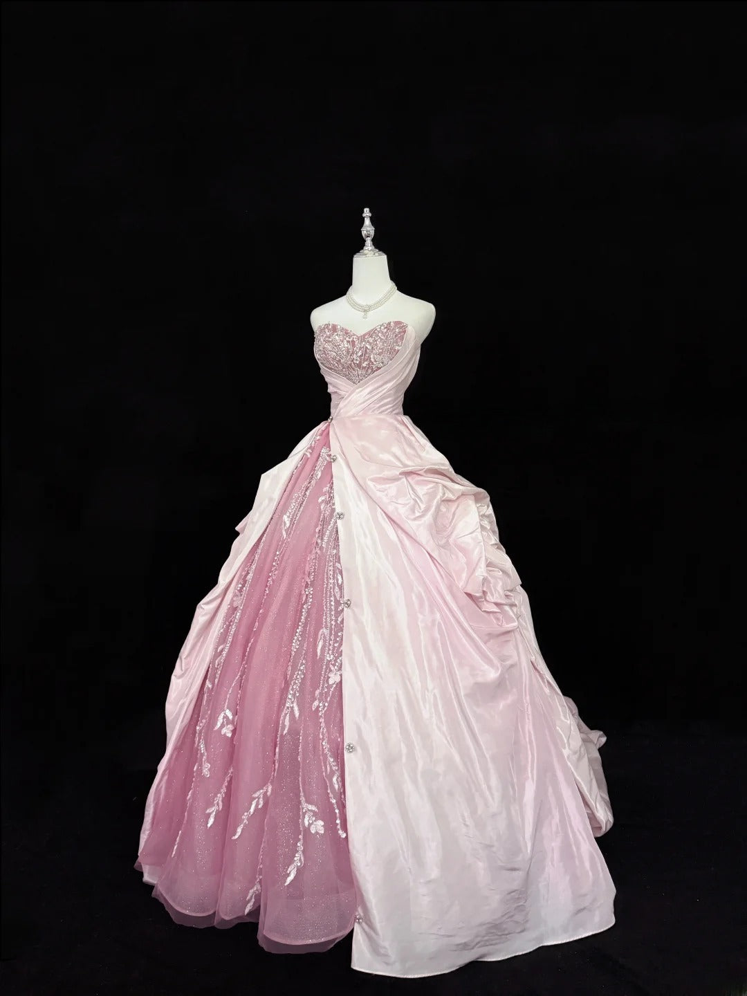 Fairytale Prom Dresses Ball Gown Sweetheart Pink With Beading Tulle Evening Long Formal Dress RB7388