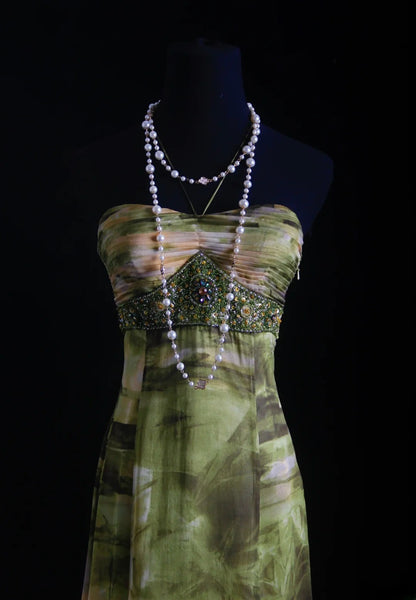 Vintage Prom Dresses 90s Formal Mermaid Halter Floral Green Mid Length Chiffon Party Gowns Prom Dresses AS014